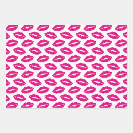 Hot Pink Lips Lipstick Kisses Pattern Trio Geschenkpapier Set (Vorderseite 2)