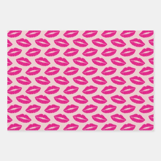 Hot Pink Lips Lipstick Kisses Pattern Trio Geschenkpapier Set (Vorderseite)