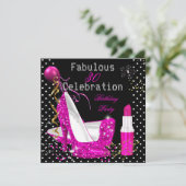 Hot Pink Lipstick Glitzer Heels Polka Dot Birthday Einladung (Stehend Vorderseite)