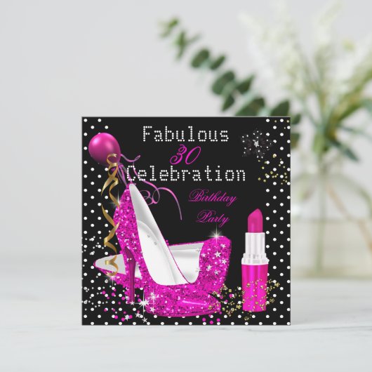 Hot Pink Lipstick Glitzer Heels Polka Dot Birthday Einladung (Stehend Vorderseite)