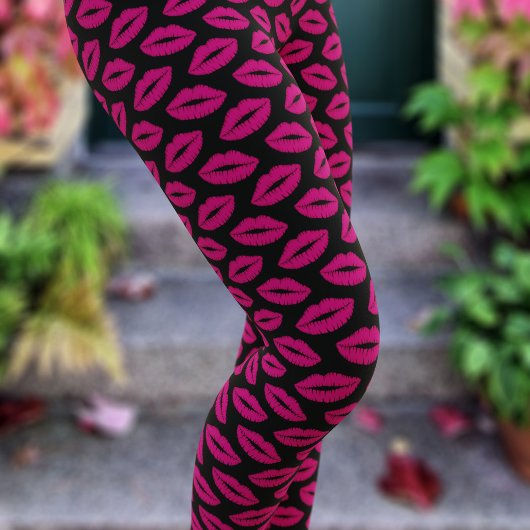 Hot Pink Lipstick Kiss Lip Print Black Leggings