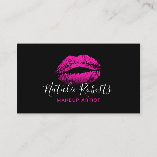 Hot Pink Lipstick Makeup Artist Black Beauty Salon Visitenkarte (Vorderseite)