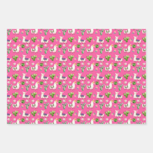 Hot Pink Llama/Cactus Fiesta Wrapping Paper Geschenkpapier Set (Vorderseite 3)