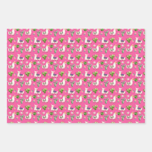 Hot Pink Llama/Cactus Fiesta Wrapping Paper Geschenkpapier Set (Vorderseite 2)
