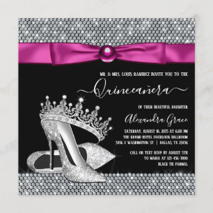 Hot Pink Magenta Diamond Tiara Shoe Quinceanera Einladung
