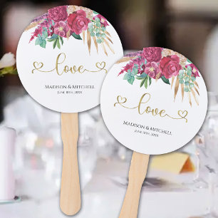 Hot Pink Magenta Floral Elegantes Gold Script Herz Fächer