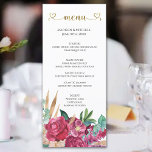 Hot Pink Magenta Floral Elegantes Gold Script Herz Menükarte<br><div class="desc">Diese einfache,  moderne Wedding Invitation Suite besticht durch ein atemberaubendes kursives goldenes Drehbuch mit Herzverzierungen. Blumenstrauß in Aquarellfarben mit rosa,  magentafarbenen,  rosa,  hellrosa Blume,  Grünpflanzen und blühenden Palmenfronten.</div>