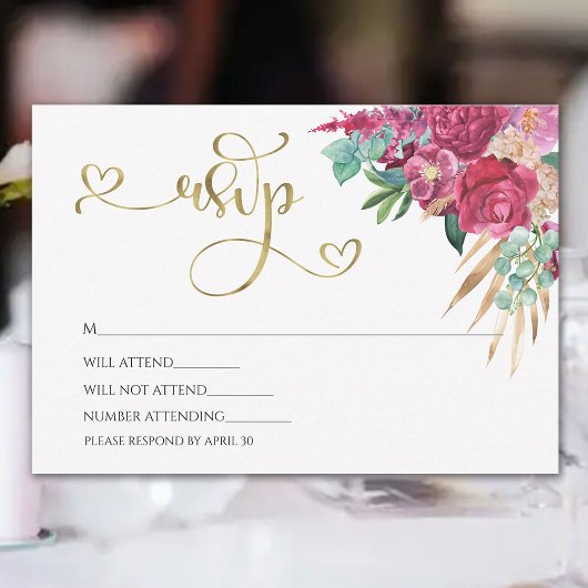 Hot Pink Magenta Floral Elegantes Gold Script Herz RSVP Karte