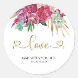 Hot Pink Magenta Floral Elegantes Gold Script Herz Runder Aufkleber