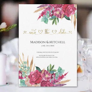 Hot Pink Magenta Floral Elegantes Gold Script Herz Save The Date
