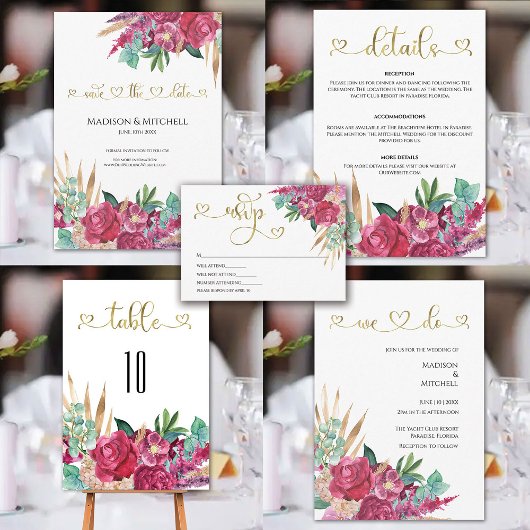 Hot Pink Magenta Floral Elegantes Gold Script Herz Save The Date