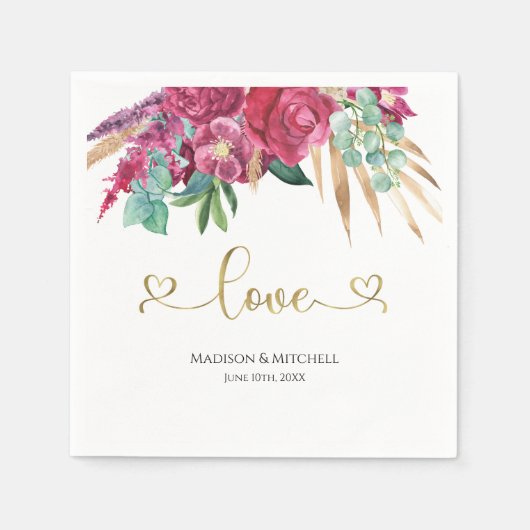 Hot Pink Magenta Floral Elegantes Gold Script Herz Serviette (Vorderseite)