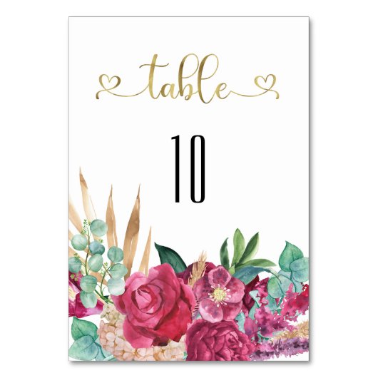 Hot Pink Magenta Floral Elegantes Gold Script Herz Tischnummer (Vorderseite)