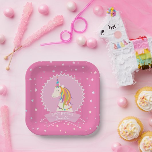 Hot Pink Magical Rainbow Unicorn Girl Birthday Pappteller (Party)