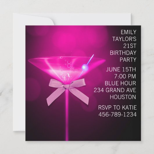 Hot Pink Martini Frauen Hot Pink 21. Geburtstag Einladung (Vorderseite)