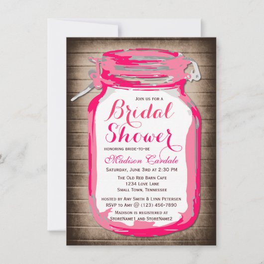 Hot Pink Mason Jar Bridal Dusche Einladungen (Vorderseite)