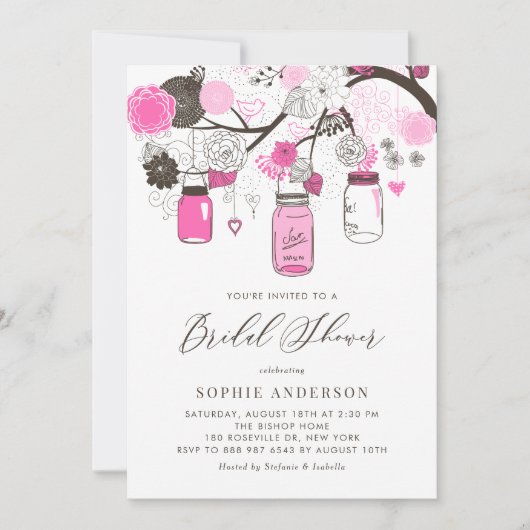 Hot Pink Mason Jars Brautparty Einladung (Vorderseite)