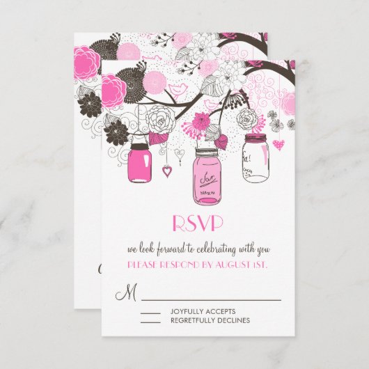 Hot Pink Mason Jars Wedding RSVP Card Einladung (Vorne/Hinten)