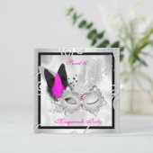 Hot Pink Masquerade Sweet 16 Party Maske Silver 2 Einladung (Stehend Vorderseite)
