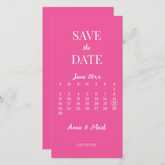 Hot Pink Minimalist Modern Calendar Wedding Save The Date (Vorne/Hinten)