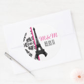 Hot Pink Mit Monogramm Damask Eiffelturm Hochzeit Runder Aufkleber (Umschlag)