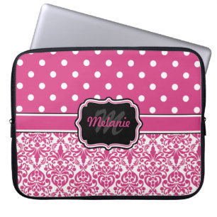 Hot Pink Mit Monogramm Damask Polka Dot Laptopschutzhülle