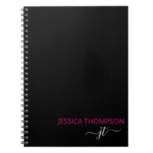 Hot Pink Modern Black Simple Script Monogram Name Notizblock