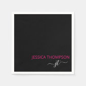 Hot Pink Modern Black Simple Script Monogram Name Serviette (Vorderseite)
