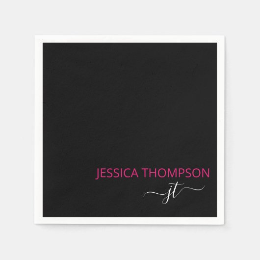 Hot Pink Modern Black Simple Script Monogram Name Serviette (Vorderseite)