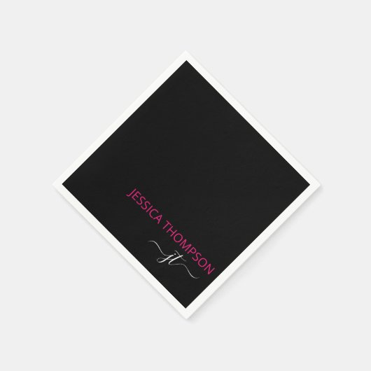 Hot Pink Modern Black Simple Script Monogram Name Serviette (Ecke)