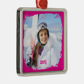 Hot Pink Modern Grunge Border Foto Year Ornament Aus Metall (Rechts)