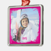 Hot Pink Modern Grunge Border Foto Year Ornament Aus Metall (Links)