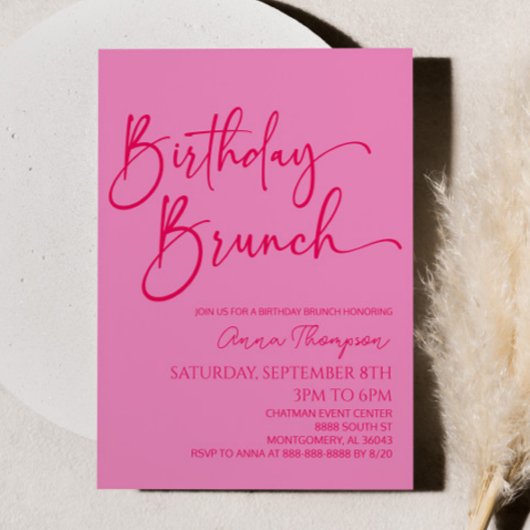 Hot Pink Modern Minimalist Birthday Brunch Party Einladung