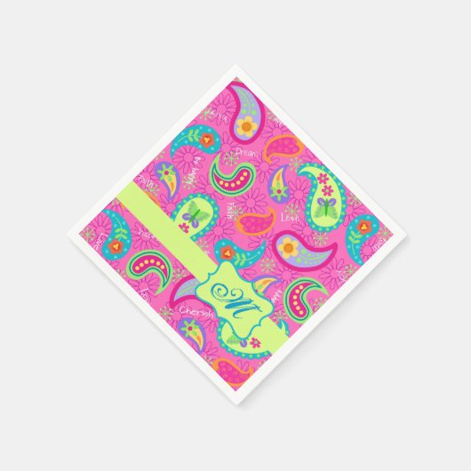 Hot Pink Modern Paisley Monogram Serviette (Ecke)