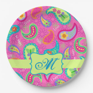 Hot Pink Modern Paisley Muster Monogram Pappteller