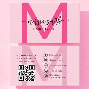 Hot Pink Modern QR Code Script Name Girl Monogram Visitenkarte