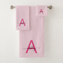 Hot Pink Modern Script Girl Monogram Name Badhandtuch Set