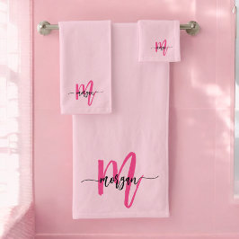Hot Pink Modern Script Girl Monogram Name Badhandtuch Set