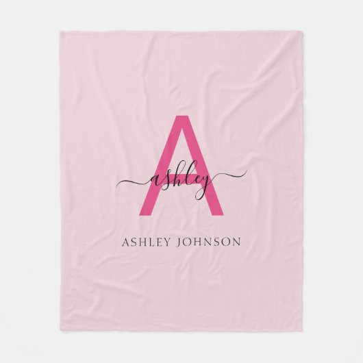 Hot Pink Modern Script Girl Monogram Name Fleecedecke (Vorderseite)