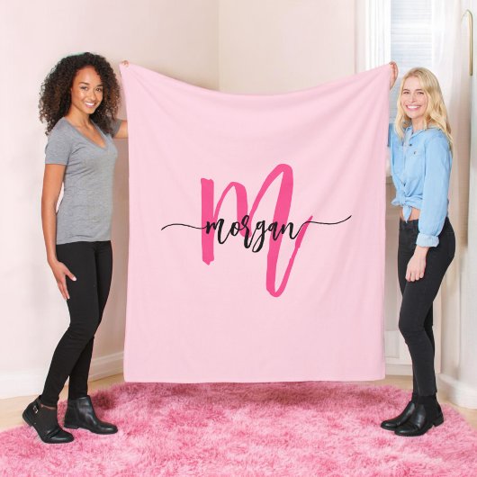 Hot Pink Modern Script Girl Monogram Name Fleecedecke