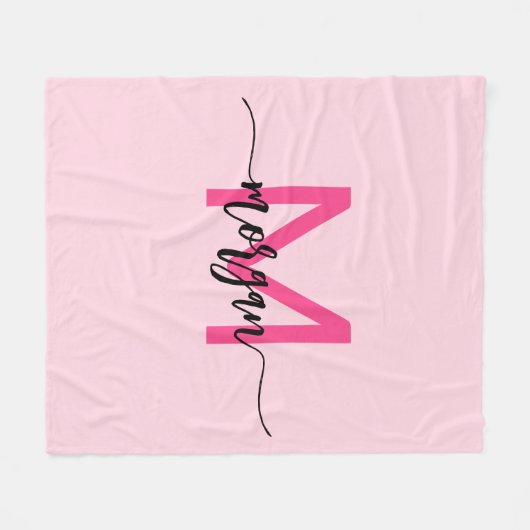 Hot Pink Modern Script Girl Monogram Name Fleecedecke (Vorderseite (Horizontal))