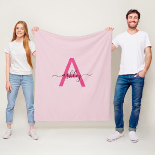 Hot Pink Modern Script Girl Monogram Name Fleecedecke