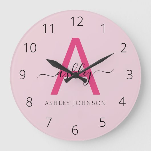 Hot Pink Modern Script Girl Monogram Name Große Wanduhr (Vorderseite)