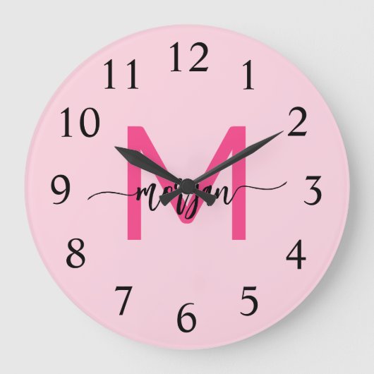 Hot Pink Modern Script Girl Monogram Name Große Wanduhr (Vorderseite)