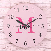 Hot Pink Modern Script Girl Monogram Name Große Wanduhr
