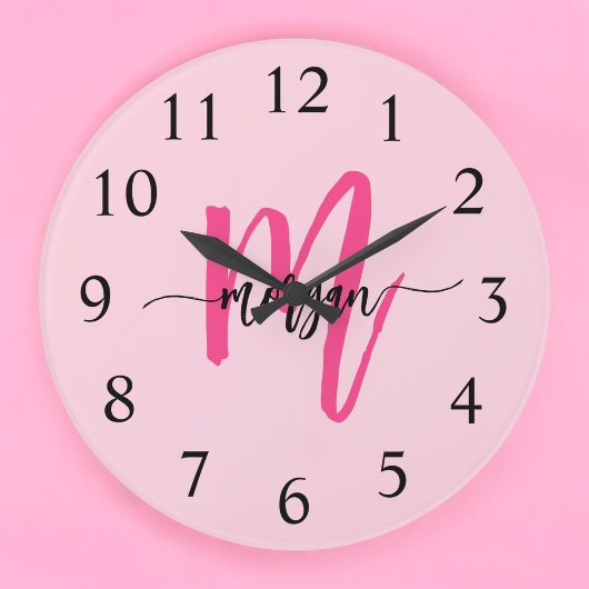 Hot Pink Modern Script Girl Monogram Name Große Wanduhr