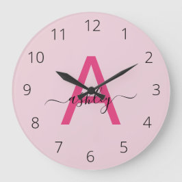 Hot Pink Modern Script Girl Monogram Name Große Wanduhr