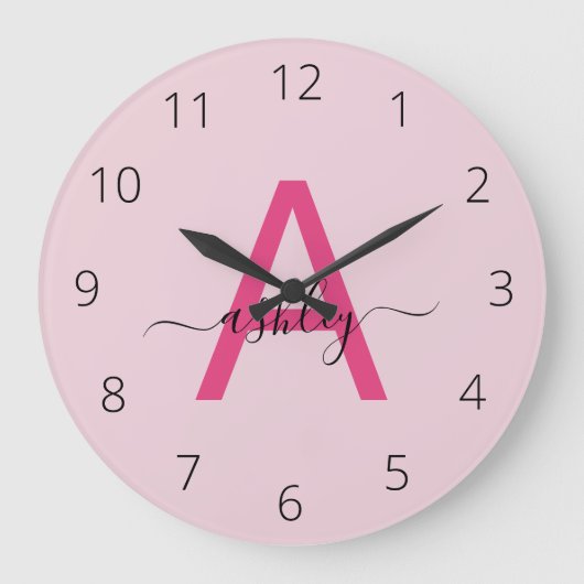 Hot Pink Modern Script Girl Monogram Name Große Wanduhr (Vorderseite)
