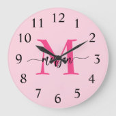 Hot Pink Modern Script Girl Monogram Name Große Wanduhr (Vorderseite)