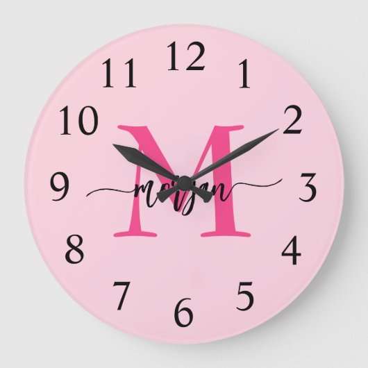 Hot Pink Modern Script Girl Monogram Name Große Wanduhr (Vorderseite)